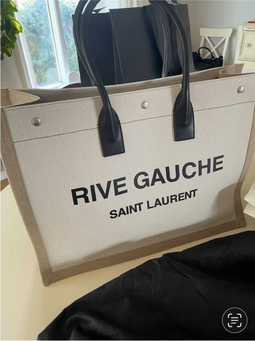 Saint Laurent Canvas Rive Gauche Tote in Cream with Black Handles